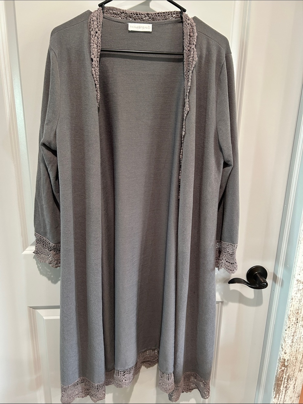 Tickled Teal Gray Long Cardigan Robe with Crochet Trim